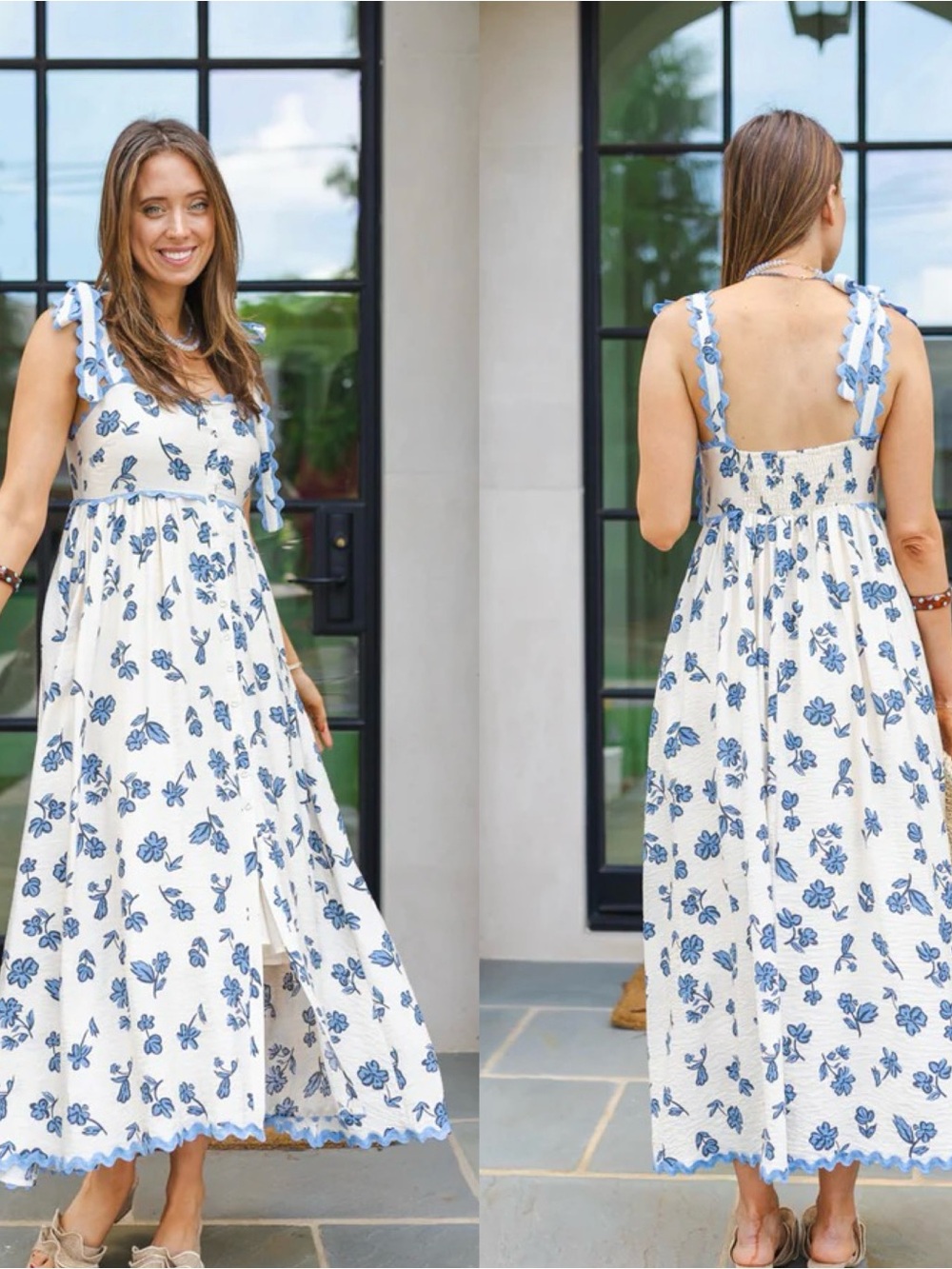 NWOT Sofie The Label Blue Floral Buttoned-Front Smocked Midi Dress w/ Pockets M